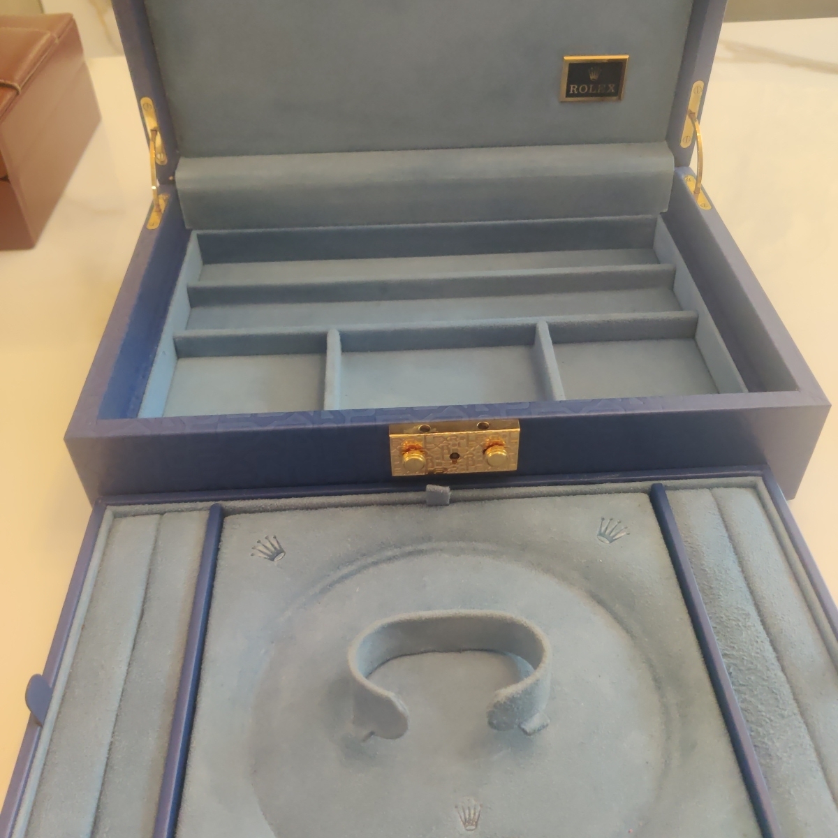 rolex leather and suede triple tier watch display and jewelry box